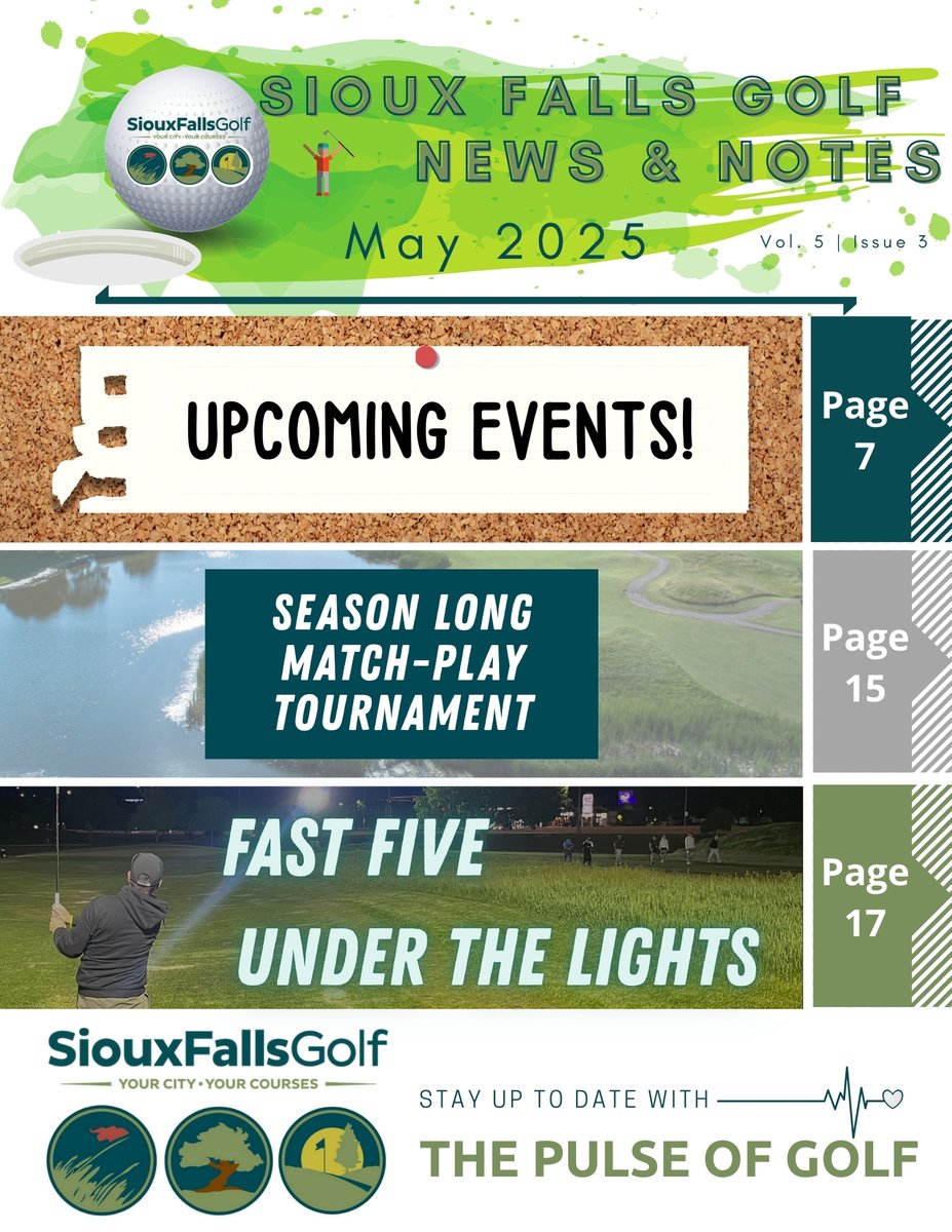 siouxfallsgolf's tweet photo. Sioux Falls Golf News & Notes | May 2025
Click to start flippin': https://t.co/b2KQtO1gsV
This month YOUR Newsletter is JAM-PACKED with everything you need to know about what is coming up over the next 30 days at YOUR City Courses!
#SFGolf #NewsAndNotes #WeAreGolf https://t.co/GhyCKulT9x