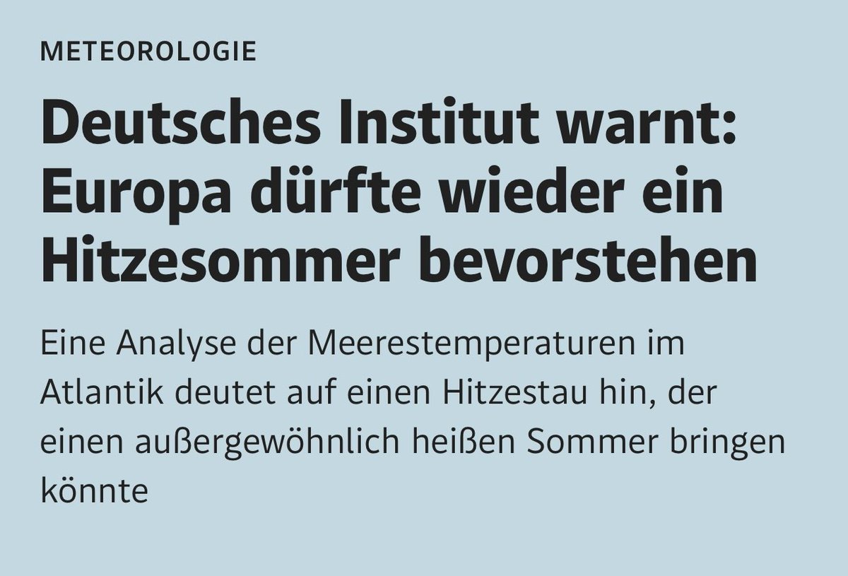 Warnung vor erneuten #Hitzesommer in #Europa. Grund ist ein #Wärmestau im Nordatlantik. 
Mit neuen Modellrechnungen konnte nachgewiesen werden, dass sich der Wärmestau als zuverlässiger Indikator für künftige Hitzesommer eignet.
#Klimakrise 

Artikel: derstandard.at/story/30000002…