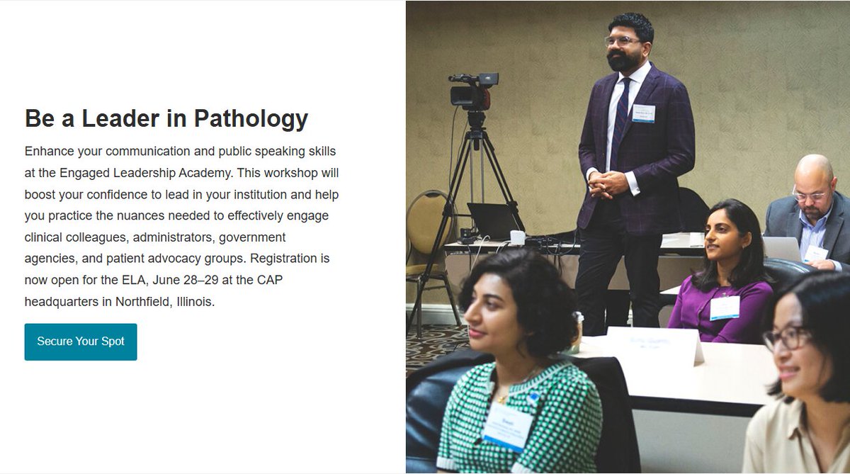 Kamran Mirza MD PhD - کامران مرزا (@kmirza) on Twitter photo CAP members – are you ready to become a leader in pathology? Master public speaking skills to make your voice heard at the <a href="/Pathologists/">CAPathologists</a> Engaged Leadership Academy, June 28-29 in Northfield, IL.
You’ll learn to master public speaking and effectively engage with colleagues, CAP members – are you ready to become a leader in pathology? Master public speaking skills to make your voice heard at the <a href="/Pathologists/">CAPathologists</a> Engaged Leadership Academy, June 28-29 in Northfield, IL.
You’ll learn to master public speaking and effectively engage with colleagues,