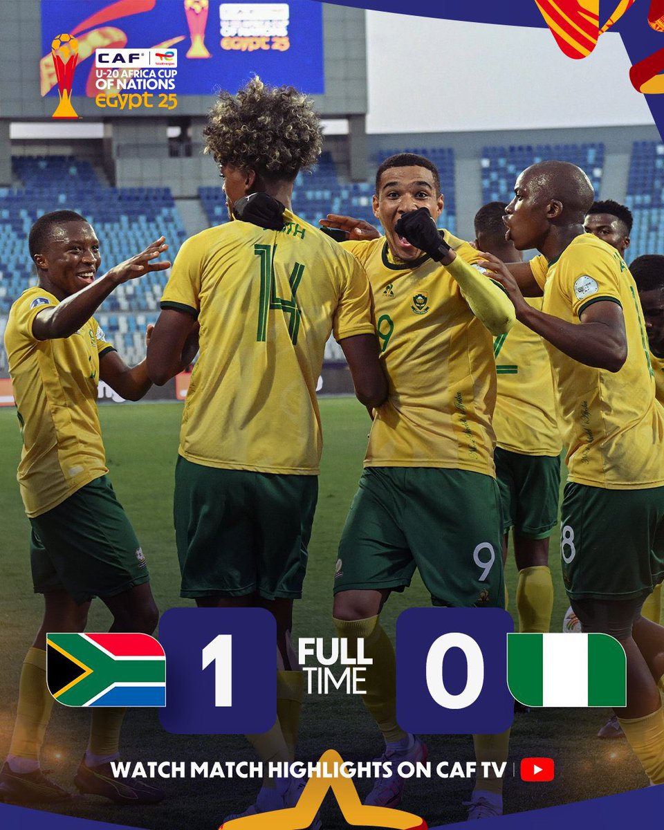 U20 Africa Cup of Nations Semifinal 

FT: South Africa 🇿🇦 1 - 0 Nigeria 🇳🇬 

Tylon Smith ⚽️

SOUTH AFRICA ARE THROUGH TO THE 2025 U20 AFRICA CUP OF NATIONS FINAL‼️‼️‼️