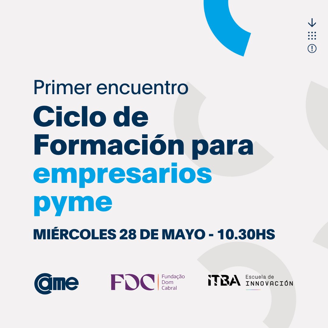 📣 CICLO DE FORMACIÓN DE EMPRESARIOS PYME 

Sumate al primer encuentro “Gestión estratégica, liderazgo y toma de decisiones: manejo de pilares fundamentales para el éxito y la sostenibilidad de una Pyme en el actual entorno económico y competitivo”

🗓️ Miércoles 28 de mayo,