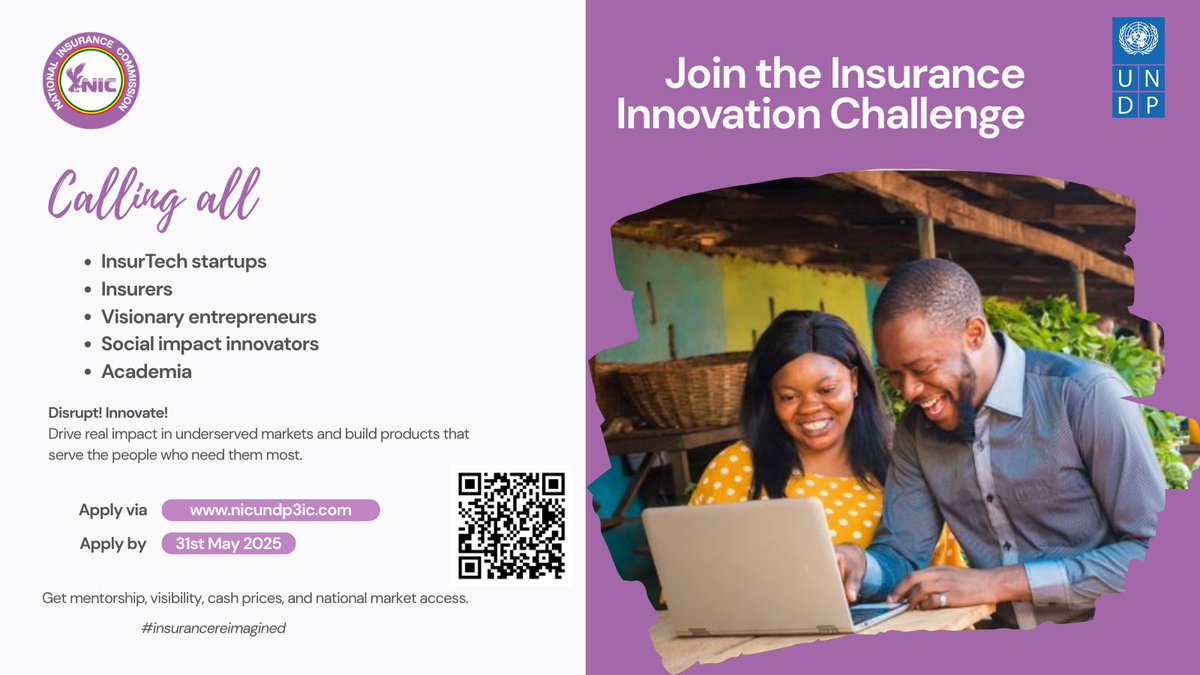UNDPGhana's tweet photo. It’s here! 
The Inclusive Insurance Innovation Challenge #3IC is officially open.  Are you building a solution that can make insurance more accessible, affordable, and relevant for underserved communities in Ghana?  We’re calling on insurtech startups, insurers, young innovators, and academia with bold ideas to rethink how insurance can truly serve everyone including smallholder farmers to informal workers and climate-vulnerable groups.  Ready to make an impact? Apply by 31st May 2025 ➡️ https://t.co/mmVN0YyfC9  #InclusiveInsurance #InnovationChallenge