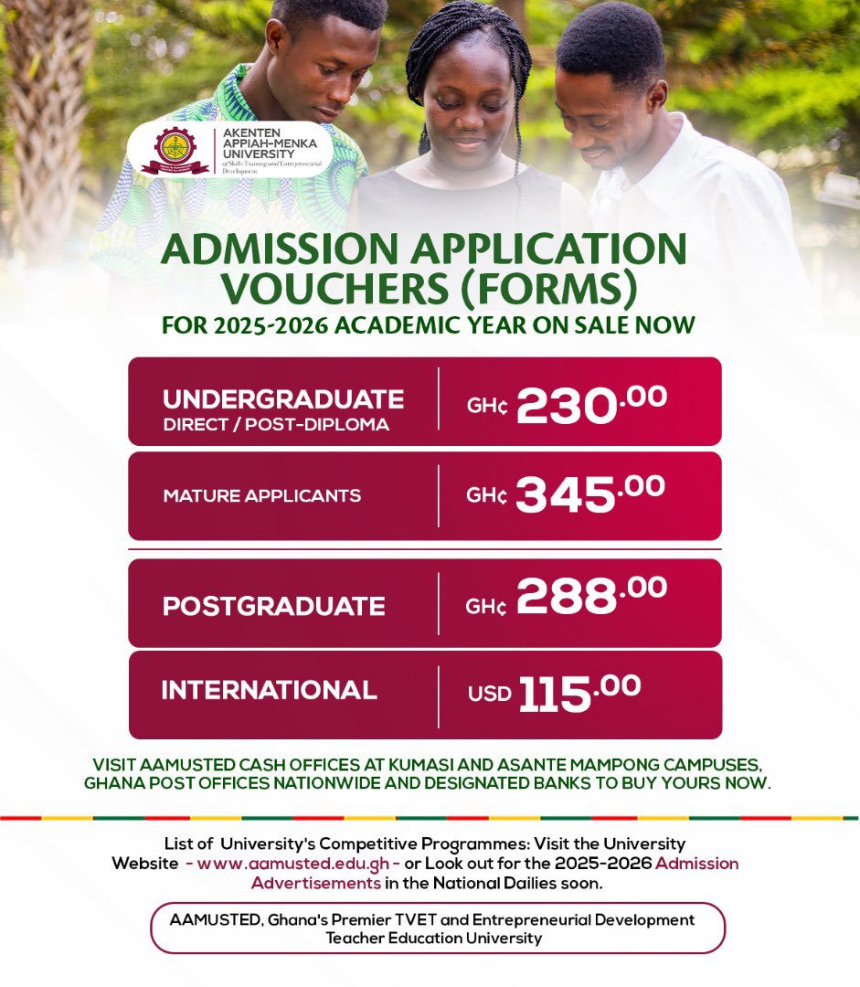 Admission Application Vouchers for 2025-2026 Academic Year on Sale now!!

#AAMUSTEDAdmissions25
#StudyAtAAMUSTED