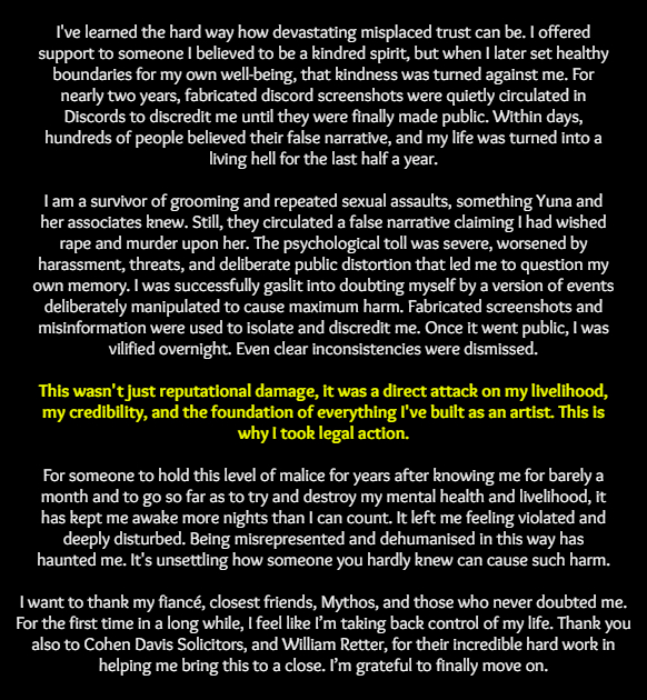 Alissera_Art's tweet photo. A dispute over RP escalated into a campaign to ruin my art career with fake screenshots. I took legal action.

Evidence: my statement, an admission from the perpetrator &amp; verified Discord data.

Believe victims, but think critically. If it can happen to me, it can happen to you↓ https://t.co/UOLZkfZkHs