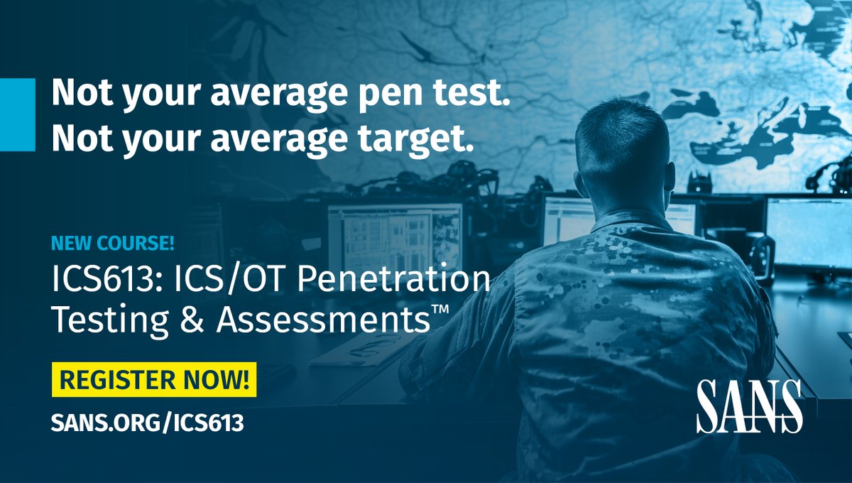 SANSInstitute's tweet photo. 📣 New course alert: #ICS613 is here! Learn to safely pen test ICS/OT environments. No outages, no accidents. 
Beta run is open now. Hurry, spots are limited!

👉 https://t.co/ThIRjCIWjt

#ICS #OTSecurity #SANSTraining https://t.co/8kv4rhMlnq