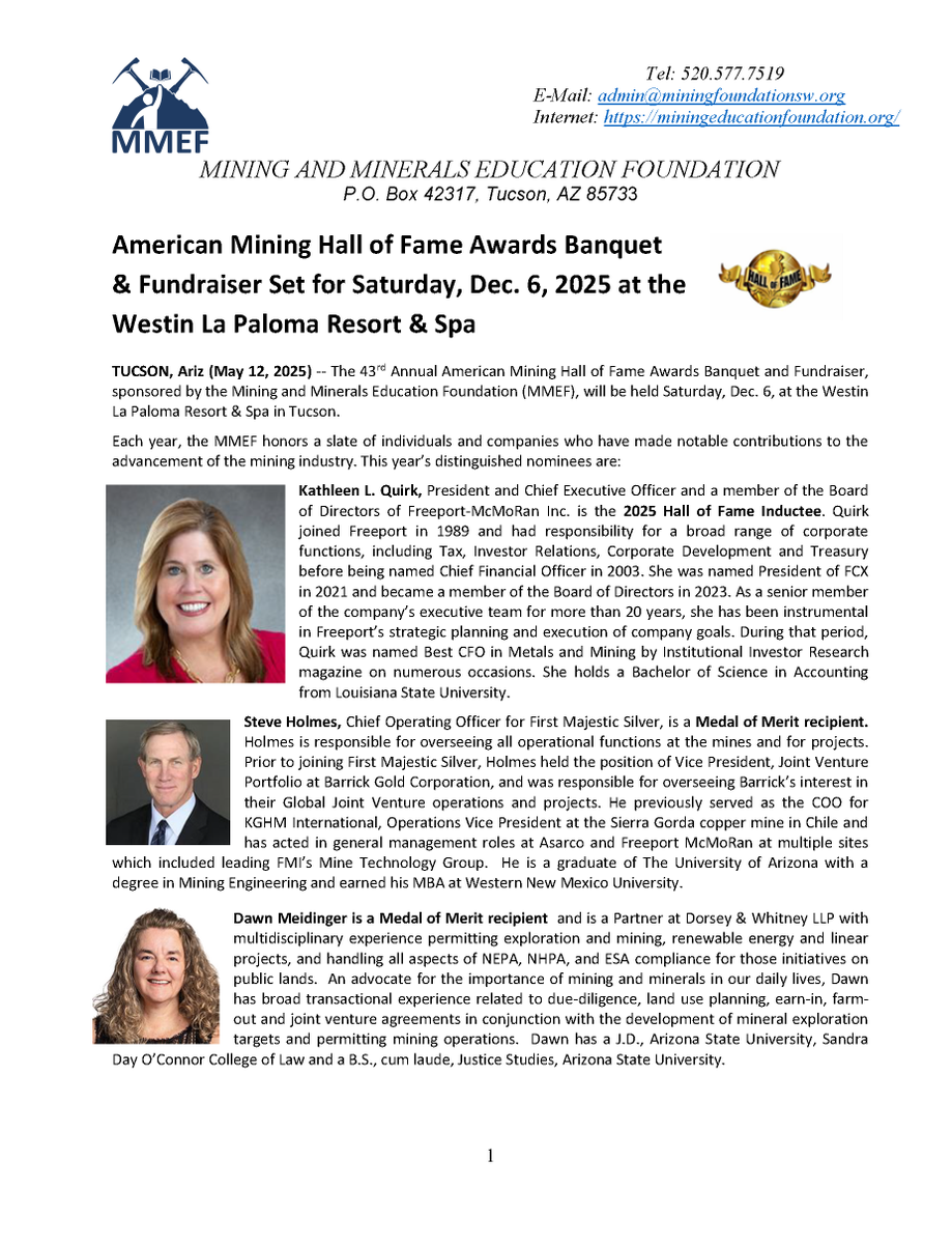 FM_FCX's tweet image. We are pleased to share that Kathleen Quirk, President and CEO, will be inducted into the 2025 American Mining Hall of Fame, hosted by the Mining and Minerals Education Foundation. 

Kathleen’s induction recognizes her more than 35 years of outstanding leadership and…