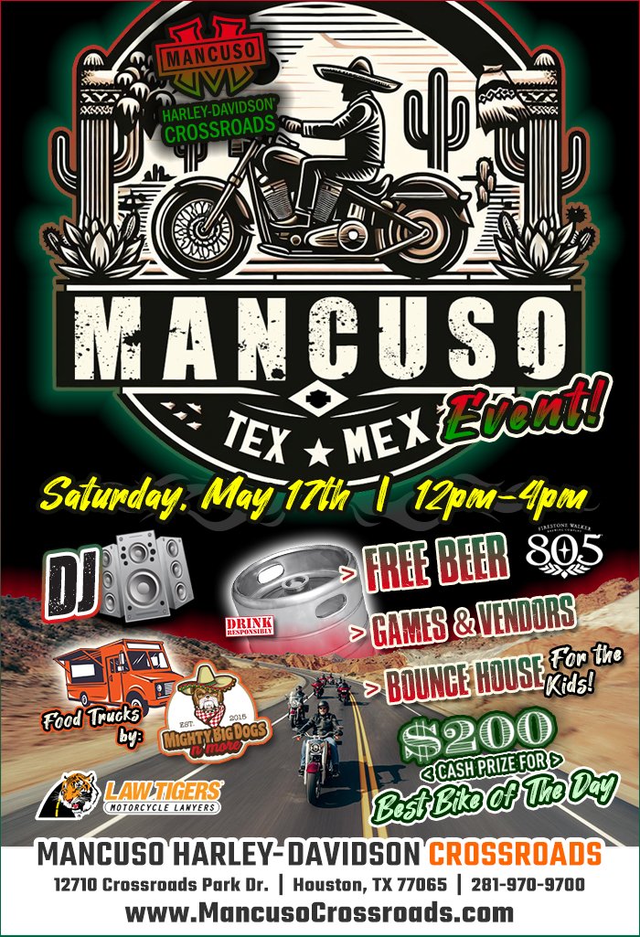 AVGDesigns's tweet photo. Getting prepped for this weekend's event: The Tex-Mex Event and Bike Show at Mancuso Harley-Davidson Crossroads, in Houston, TX!

Free beer and a bouncy house for the kiddos; a food truck for the peckish; and a $200 prize for the best bike of the day.

Hours are 12 PM - 4 PM, May 17th!