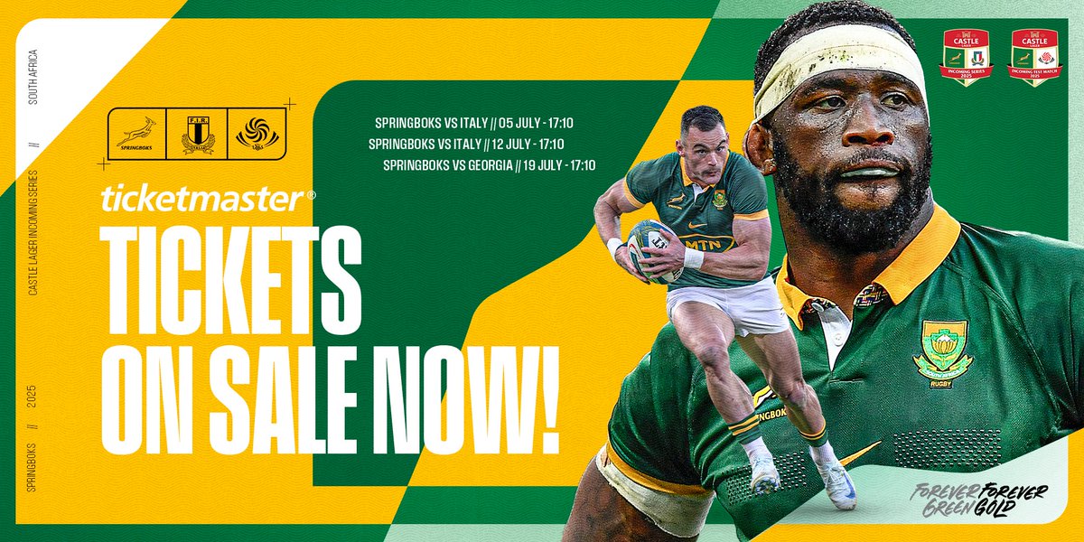 Springboks (@springboks) on Twitter photo DON'T MISS OUT! Tickets to the #Springboks' three Tests in July are available today from 9am, from <a href="/TicketmasterZA/">Ticketmaster South Africa</a> - click here: tinyurl.com/23j58kzd ๐๏ธ
#ForeverGreenForeverGold DON'T MISS OUT! Tickets to the #Springboks' three Tests in July are available today from 9am, from <a href="/TicketmasterZA/">Ticketmaster South Africa</a> - click here: tinyurl.com/23j58kzd ๐๏ธ
#ForeverGreenForeverGold