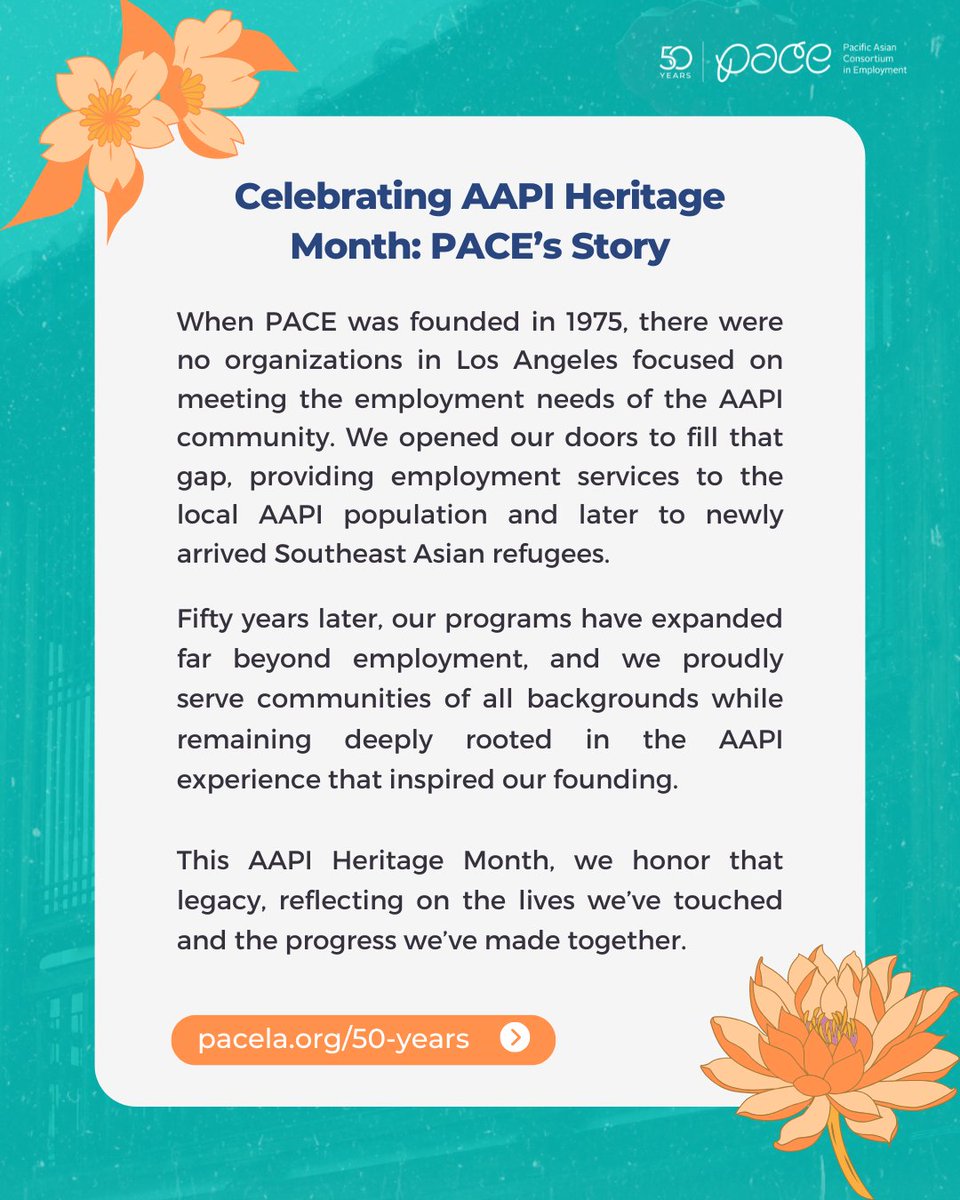 PACE (@paceinla) on Twitter photo ✨ AAPI Heritage Month Announcement! ✨
Later this month, we’re unveiling a special timeline capturing PACE’s journey from our grassroots beginnings in 1975 to today.
🌸 Stay tuned! ✨ AAPI Heritage Month Announcement! ✨
Later this month, we’re unveiling a special timeline capturing PACE’s journey from our grassroots beginnings in 1975 to today.
🌸 Stay tuned!