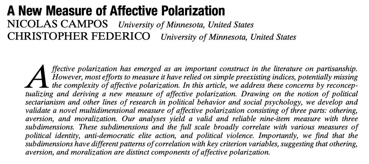 Just published on APSR First View: "A New Measure of Affective Polarization" by Nicolas Campos and Christopher Federico. cambridge.org/core/journals/…