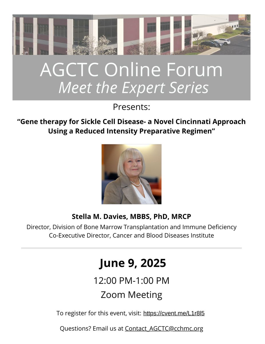 Join us for the first session of the AGCTC Forum: Meet the Expert, presented by Cincinnati Children’s Applied Gene and Cell Therapy Center. This new webinar series kicks off on Monday, June 9, 2025, from 12:00 PM to 1:00 PM EST. Register here: cvent.me/L1r815
#AGCTCForum
