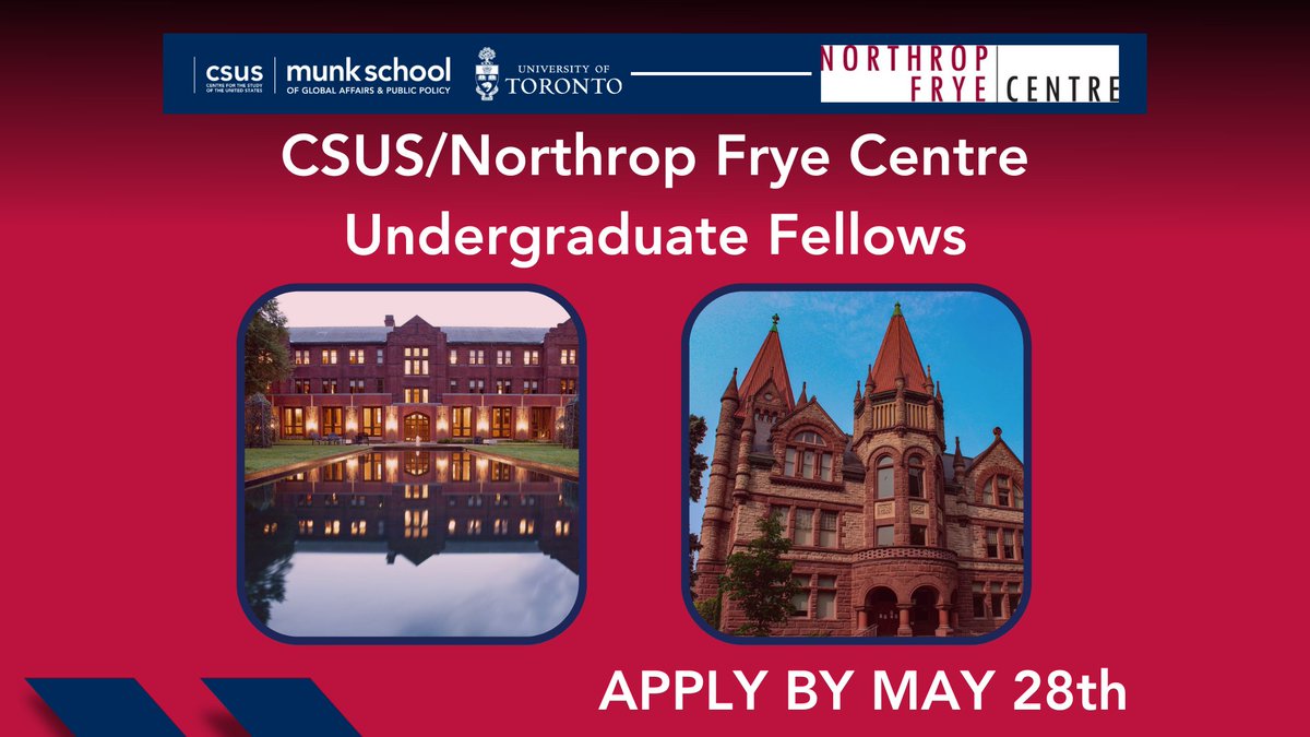 🚨Undergraduate Award🚨
<a href="/CSUSUofT/">CSUS</a> &amp; Northrop Frye Centre are offering fellowships for 3rd &amp; 4th years interested in American culture &amp; society! Apply by May 28 - Submit a transcript, faculty reference letter &amp; statement on your intellectual interests. tinyurl.com/yc82jnwp