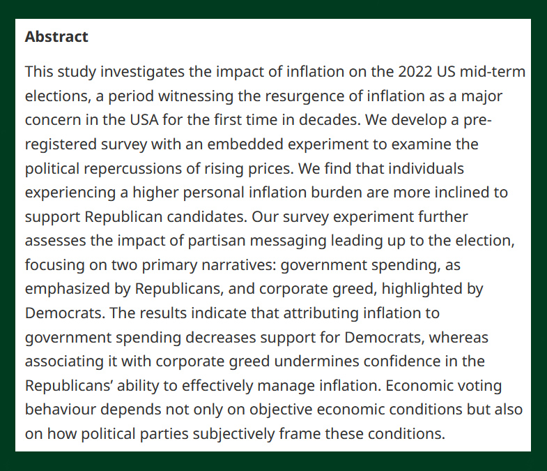 British Jnl Poli Sci (@bjpols) on Twitter photo NEW -
Inflation, Blame Attribution, and the 2022 US Congressional Elections - cup.org/3GTsE3W
"We find that individuals experiencing a higher personal inflation burden are more inclined to support Republican candidates."
- <a href="/LeoBaccini/">Leo Baccini</a> & <a href="/SJWeymouth/">Stephen Weymouth</a>
#OpenAccess NEW -
Inflation, Blame Attribution, and the 2022 US Congressional Elections - cup.org/3GTsE3W
"We find that individuals experiencing a higher personal inflation burden are more inclined to support Republican candidates."
- <a href="/LeoBaccini/">Leo Baccini</a> & <a href="/SJWeymouth/">Stephen Weymouth</a>
#OpenAccess