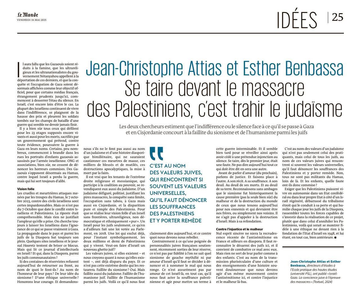 🇮🇱🇵🇸“Il aura fallu que les Gazaouis soient réduits à la famine, que les ultranationalistes du gouvernement Nétanyahou appellent à leur déportation pour que certains médias français, étrangement prudents jusqu’ici, commencent à desserrer l’étau du silence.” lemonde.fr/idees/article/…