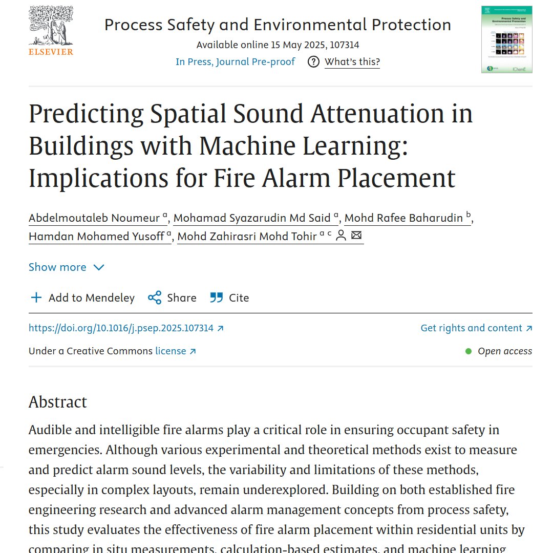 amoutaleb's tweet photo. Our paper is officially published in Process Safety and Environmental Protection (PSEP) 🎉

It’s now live and 𝐨𝐩𝐞𝐧-𝐚𝐜𝐜𝐞𝐬𝐬 👇
🔗 https://t.co/y67VUC3v8O
#FireSafety #MachineLearning #SmartBuildings #Evacuation #Acoustics https://t.co/rjdonZnWyS