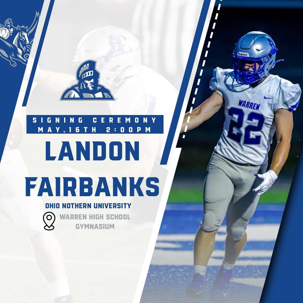 Proud moment for our program! 🏈 Excited to announce that Landon Fairbanks is signing with Ohio Northern University! Join us tomorrow at Warren High School Gymnasium, May 16th at 2:00 PM, to celebrate his next step. #SigningDay #OhioNorthern #WarrenFootball