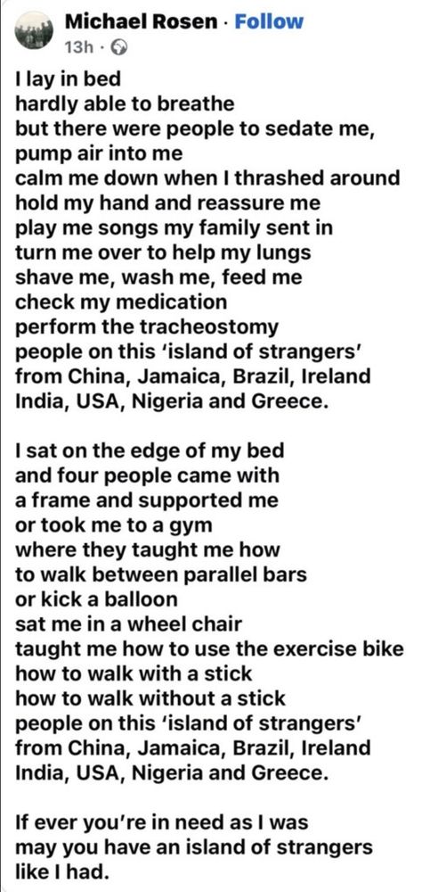 GerryHassan's tweet photo. Island of Strangers. By Michael Rosen. What a tragedy Michael felt the  need to write this. And thank you Michael for writing it. HT @MichaelRosenYes https://t.co/EIZ8vfFdut