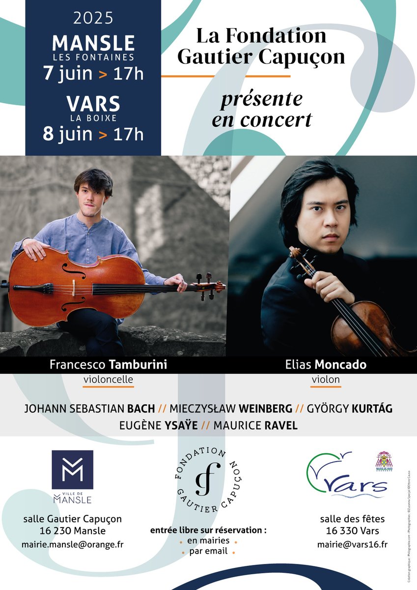 Arnaud@Thurudev (@arnaud_thurudev) on Twitter photo Cette année encore, j'ai le plaisir d'organiser deux concerts avec des lauréats de la Fondation Gautier Capuçon <a href="/FondationGC/">Fondation Gautier Capuçon</a>
Ces talentueux musiciens, soutenus par <a href="/GautierCapucon/">Gautier CAPUÇON</a> et sa fondation, seront à Mansle les Fontaines le 7 juin et à Vars le 8
#MansleLesFontaines #vars Cette année encore, j'ai le plaisir d'organiser deux concerts avec des lauréats de la Fondation Gautier Capuçon <a href="/FondationGC/">Fondation Gautier Capuçon</a>
Ces talentueux musiciens, soutenus par <a href="/GautierCapucon/">Gautier CAPUÇON</a> et sa fondation, seront à Mansle les Fontaines le 7 juin et à Vars le 8
#MansleLesFontaines #vars