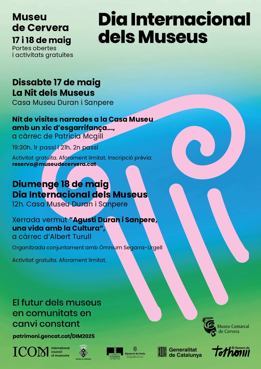 museudecervera's tweet photo. 🎉 Celebra el Dia Internacional dels Museus amb nosaltres!👇
🌙 Dissabte 17 maig: La Nit dels Museus a la #CasaDuraniSanpere
🍷 Diumenge 18 maig: Xerrada vermut: “Agustí Duran i Sanpere, una vida amb la Cultura”
⚠️ Entrada gratuïta | Places limitades
#MuseuDeCervera #DIM2025 https://t.co/sB0qk6mYlZ