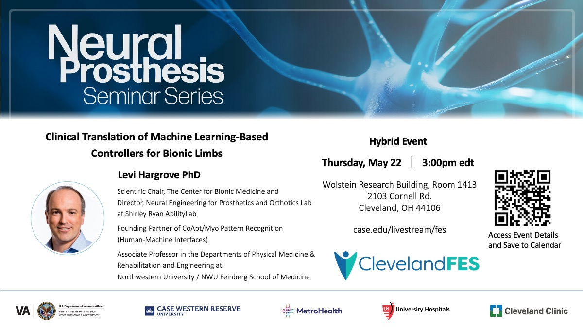 CWRU Biomedical Engineering (@cwrubme) on Twitter photo The next Neural Prosthesis Seminar sponsored by <a href="/ClevelandFES/">Cleveland FES Center</a> is one week away.
<a href="/LeviHargrove/">Levi Hargrove</a> will present on Clinical Translation of Machine Learning-Based Controllers for Bionic Limbs.
A livestream option is available and open to all. More details at bit.ly/4kli1FC. The next Neural Prosthesis Seminar sponsored by <a href="/ClevelandFES/">Cleveland FES Center</a> is one week away.
<a href="/LeviHargrove/">Levi Hargrove</a> will present on Clinical Translation of Machine Learning-Based Controllers for Bionic Limbs.
A livestream option is available and open to all. More details at bit.ly/4kli1FC.