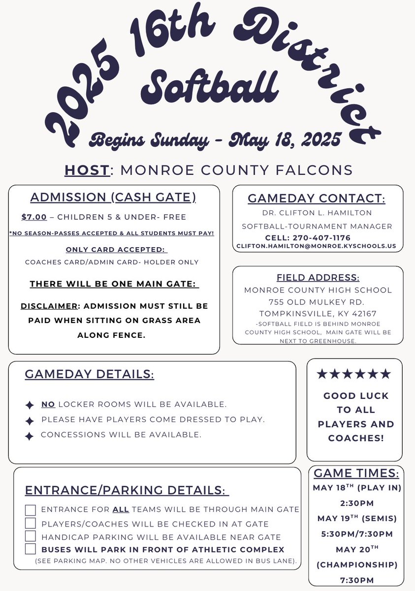 🥎DISTRICT TOURNAMENT INFO⚾️
The 16th District Baseball and Softball Tournaments begin on Sunday, May 18, in Monroe County. The Hornets and Lady Hornets both play at 2:30pm.

🥎The Lady Hornets (6-13) face Monroe County (4-15).
⚾️The Hornets (9-15) face Clinton County (13-13).