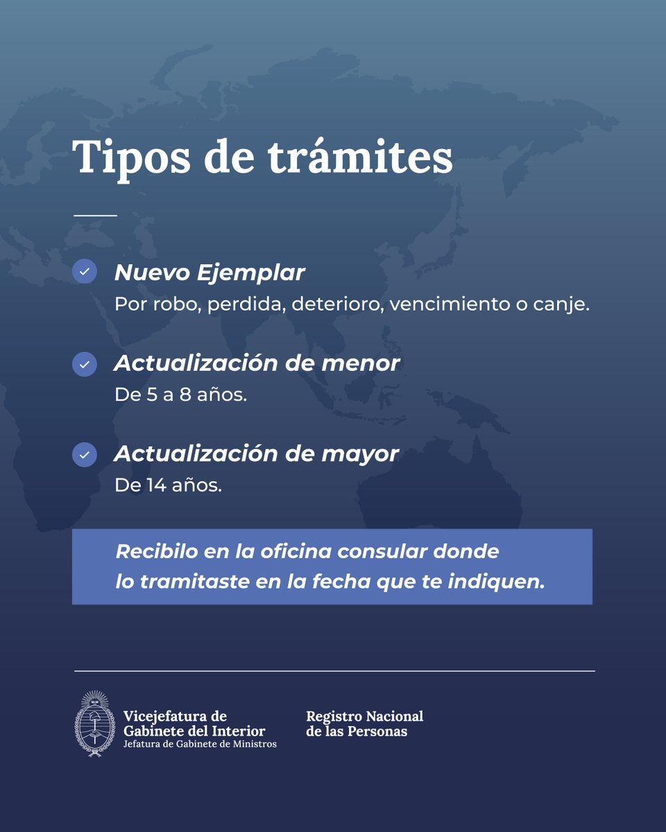 ¿Vivís en el exterior y necesitas tramitar o actualizar el DNI?

✍️Podés hacerlo personalmente en el Consulado Argentino que te corresponda.

💌El DNI lo recibirás en la oficina consular donde lo tramitaste.

🔗Más info en 🌐argentina.gob.ar/interior/renap…