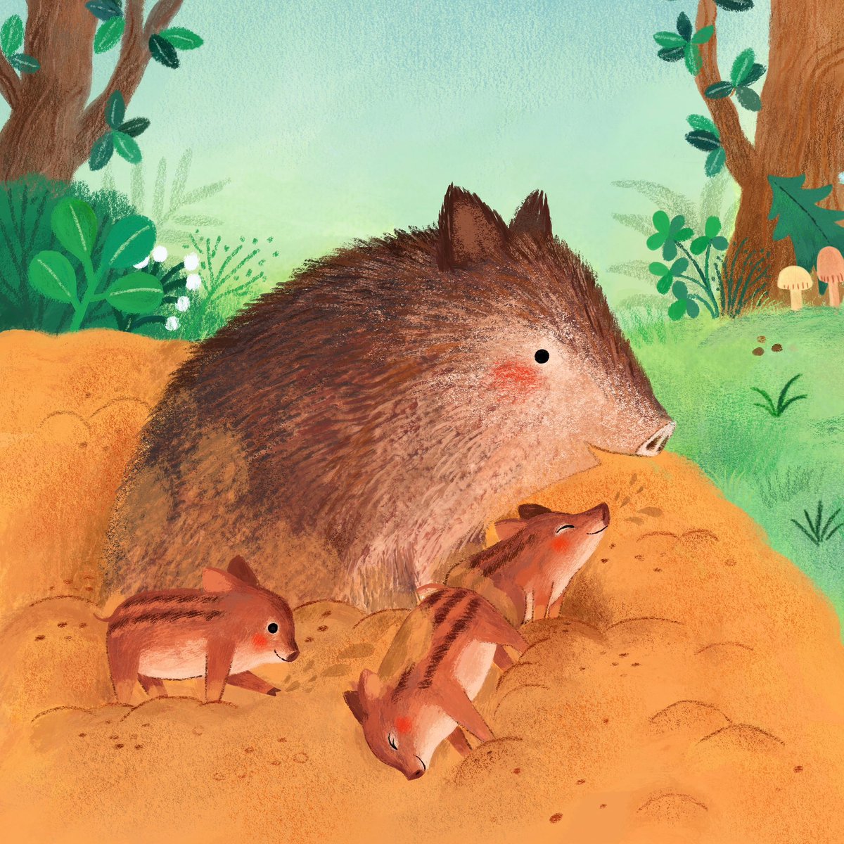 Wild pig family from the book Piet Cools Off. 

#kidlitart