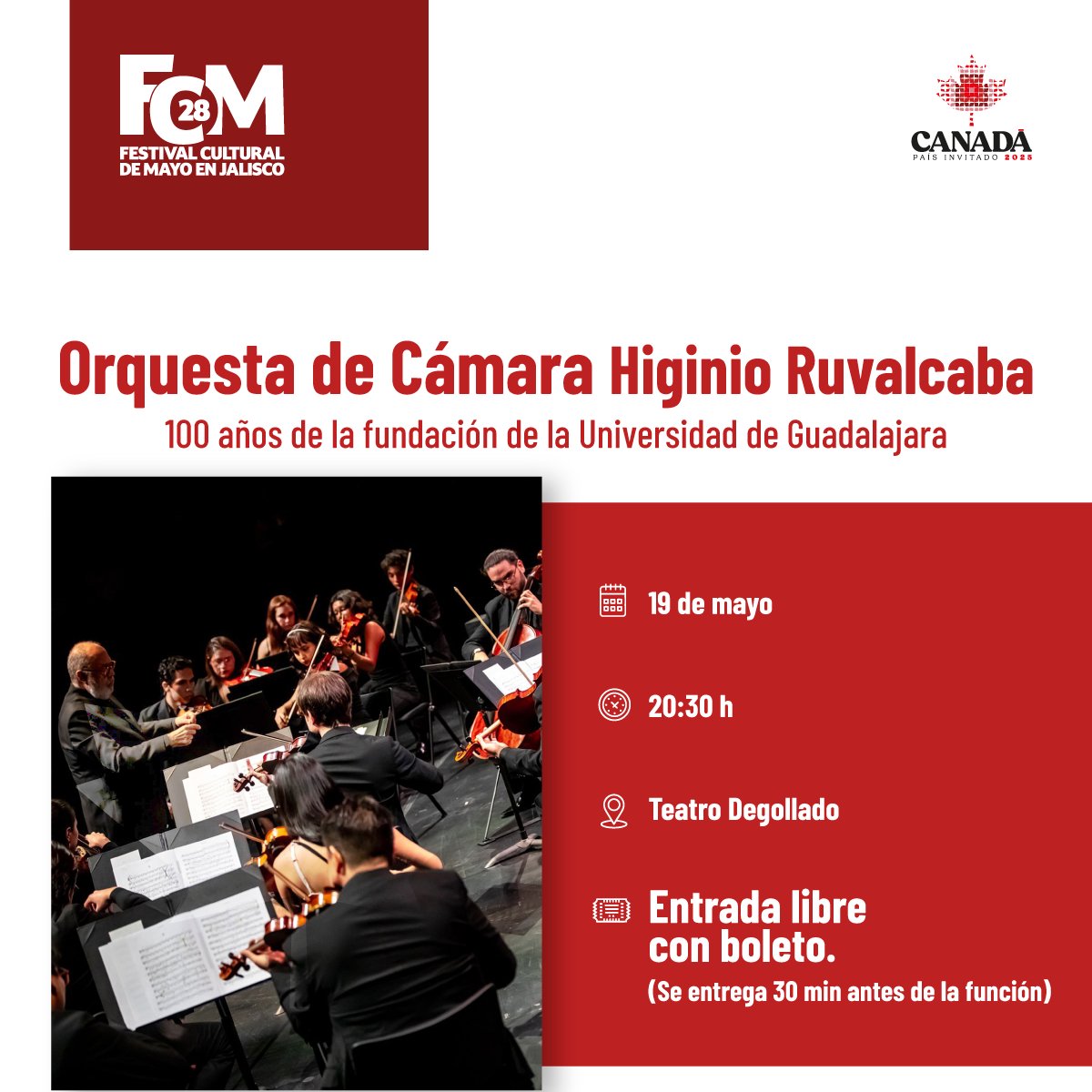 La Orquesta de Cámara Higinio Ruvalcaba, con más de 20 años de trayectoria, estará presente en el Festival Cultural de Mayo. 
🎟 La entrada es libre, ¡no te lo pierdas! Los boletos se entregan 30 minutos antes de la función.