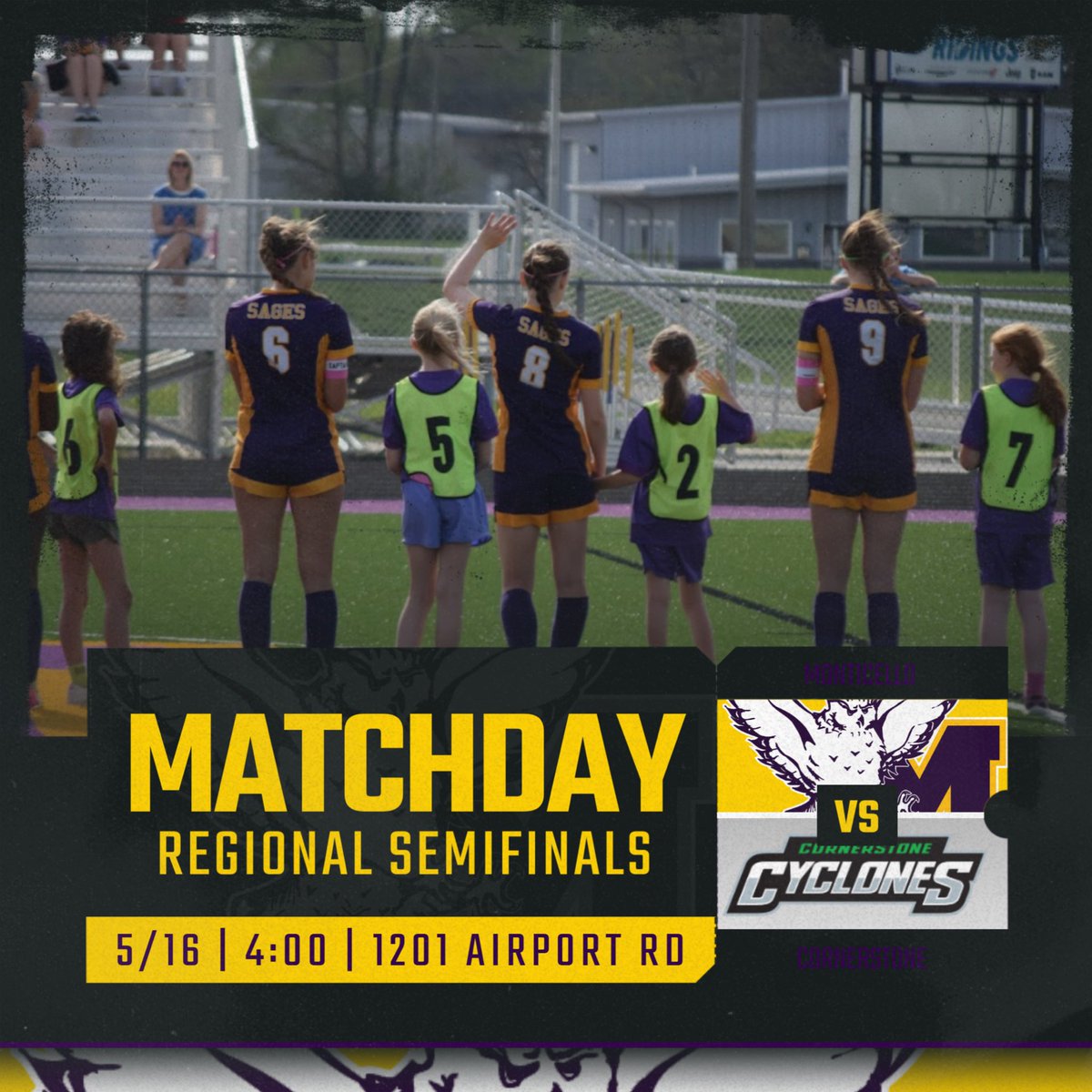 Monticello ⚽️ fans - 

Tomorrow the Sages travel to Bloomington for a regional semifinal match vs Cornerstone. Match at 4:00, pack the stands and wear purple!
