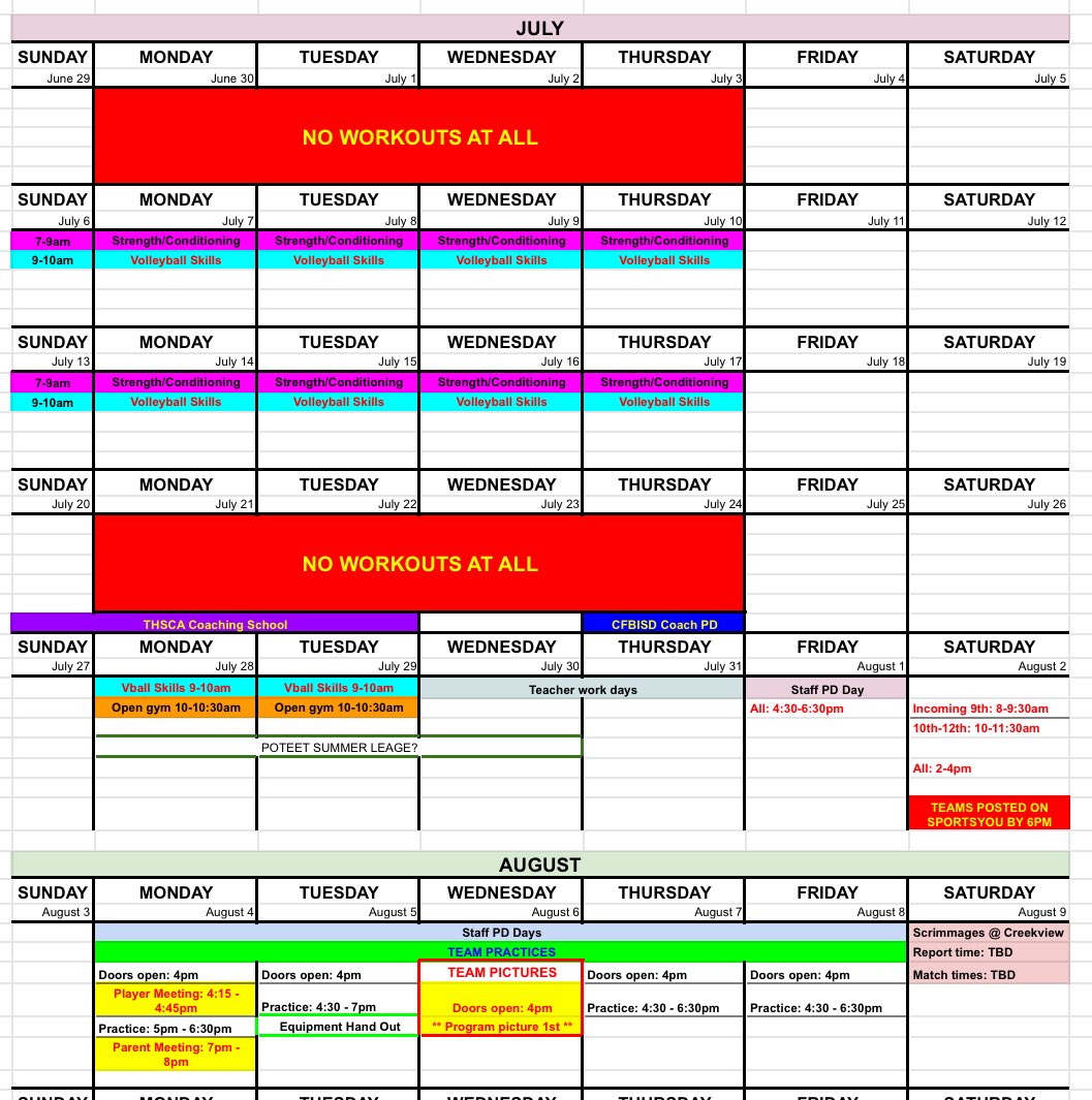 Creekview High School Volleyball (@creekviewvolley) on Twitter photo Summer is right around the corner! Here is summer strength and conditioning plus skills for Creekview athletics for this summer. Also included a screenshot of our volleyball summer calendar.
<a href="/CreekviewLeads/">Creekview High School</a> <a href="/CmsaMustangs/">CMSAMustangs</a> <a href="/PutterRenee/">Renee Putter</a> <a href="/SulakCFB/">Leon Sulak</a> <a href="/CoachOrtiz1/">CoachOrtiz</a> Summer is right around the corner! Here is summer strength and conditioning plus skills for Creekview athletics for this summer. Also included a screenshot of our volleyball summer calendar.
<a href="/CreekviewLeads/">Creekview High School</a> <a href="/CmsaMustangs/">CMSAMustangs</a> <a href="/PutterRenee/">Renee Putter</a> <a href="/SulakCFB/">Leon Sulak</a> <a href="/CoachOrtiz1/">CoachOrtiz</a>