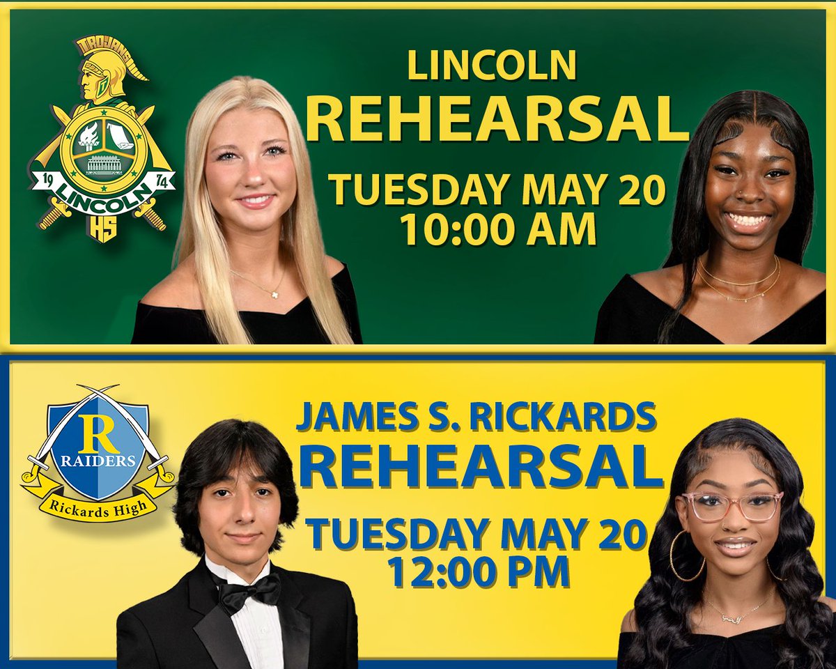 LeonSchools's tweet photo. 🎓 Rehearsals begin TOMORROW for #LincolnHigh and #RickardsHigh
🔹 Lincoln: 10:00–11:45 AM
🔹 Rickards: 12:00–1:45 PM
Both rehearsals are at the Civic Center.
More info at #LCSGrads2025 website:
https://t.co/ChG4ipg331
#GraduationRehearsal #LeonCountySchools https://t.co/M4UyCdzxxi