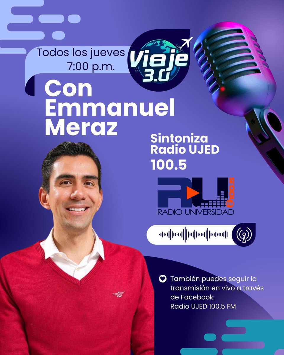 ¡Comenzamos este Viaje 3.0!
Únete a la transmisión y disfruta la aventura.
📆 Todos los jueves
🕖 7:00 de la tarde 🇲🇽 
🎙️100.5 FM en #Durango
🌎 a través de Facebook para todo el mundo. Bienvenido a casa, a Radio 📻 Universidad ⁦<a href="/aemeraz/">Emmanuel Meraz </a>⁩