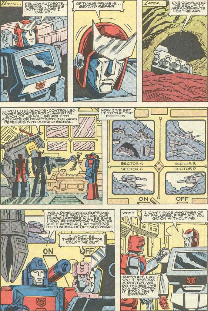 Optiratching's tweet image. Despite his best efforts, Ratchet fails to revive Optimus

(Marvel's: The Transformers - Issue #26: 'Funeral For A Friend') 
#optiratch #ratchop