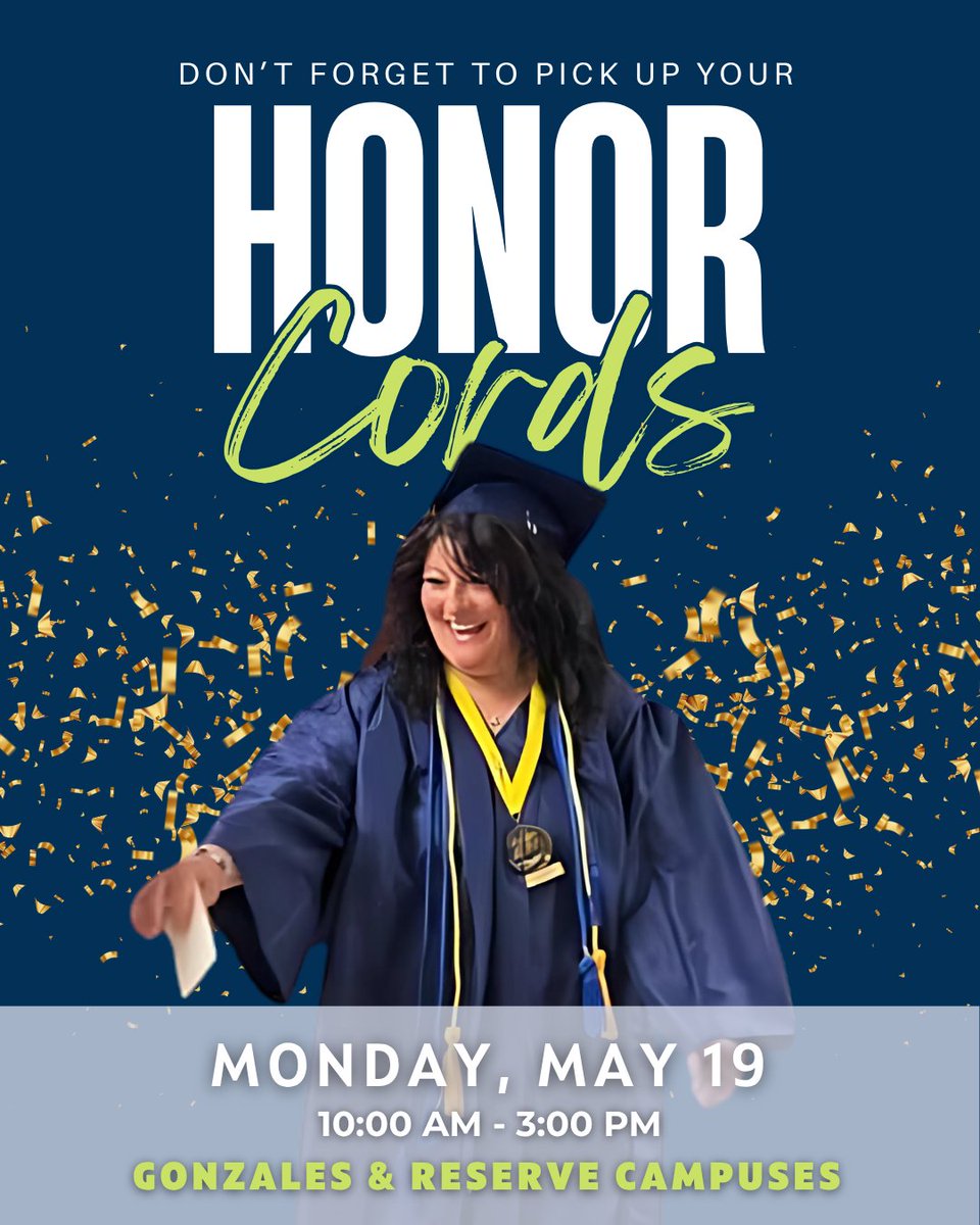 The honor cord pickup window is Monday, May 19 between 10:00 AM – 3:00 PM at either the Gonzales or Reserve campus.

🏅 Chancellor’s Honors Scholar (GPA 3.85–4.00): Gold
🎓 Dean’s List (3.50–3.84): Blue
📘 Honors (3.00–3.49): White

#RPCCGrad2024 #HonorCords #GraduationReady