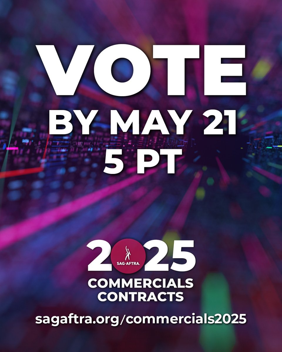 May 21, 5 PM PT is your last day to vote for the 2025 Commercials Contracts! If you want to lock in important gains valued at an increase of $218.4 million+ in new earnings and benefit plan contributions, then VOTE! Check out sagaftra.org/commercials2025 for everything you need.