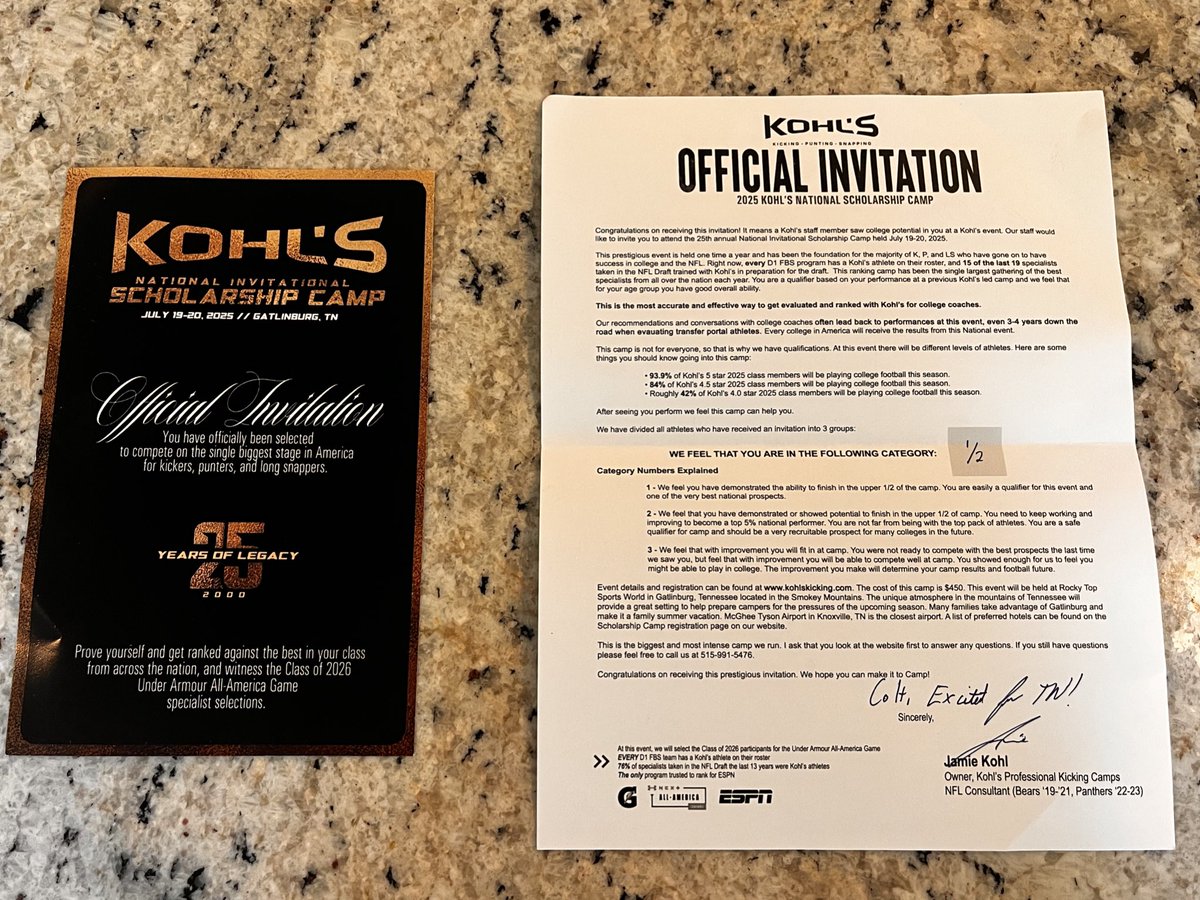 Colt Abbott (@colt_abbott) on Twitter photo Grateful to have received another invitation to the Kohl’s National Scholarship Camp in Tennessee this summer
<a href="/KohlsKicking/">Kohl's Kicking Camps</a>
<a href="/mkuehn83/">Coach Kuehn</a> Grateful to have received another invitation to the Kohl’s National Scholarship Camp in Tennessee this summer
<a href="/KohlsKicking/">Kohl's Kicking Camps</a>
<a href="/mkuehn83/">Coach Kuehn</a>