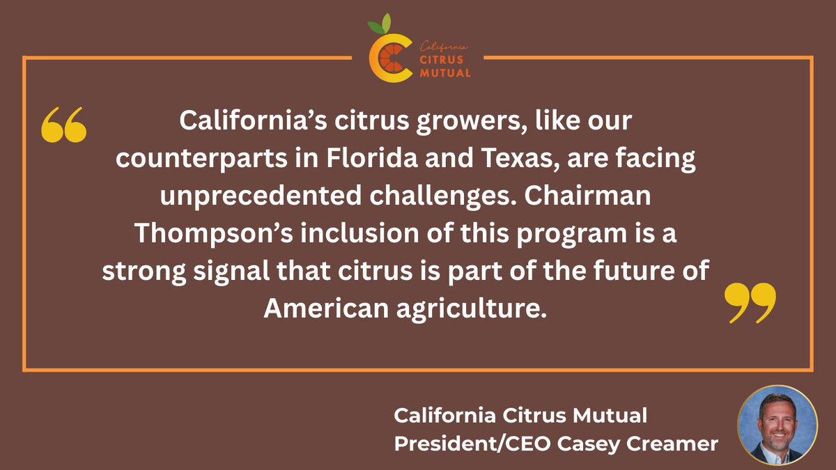 California Citrus Mutual (@cacitrusmutual) on Twitter photo Today Representatives from <a href="/CaCitrusMutual/">California Citrus Mutual</a> <a href="/FLCITRUSMUTUAL/">FL Citrus Mutual</a>, and <a href="/TxCitrusMutual/">Texas Citrus Mutual</a> released a statement thanking <a href="/CongressmanGT/">Glenn "GT" Thompson</a> for prioritizing funding for citrus disease research.
cacitrusmutual.com/2025/05/15/u-s… Today Representatives from <a href="/CaCitrusMutual/">California Citrus Mutual</a> <a href="/FLCITRUSMUTUAL/">FL Citrus Mutual</a>, and <a href="/TxCitrusMutual/">Texas Citrus Mutual</a> released a statement thanking <a href="/CongressmanGT/">Glenn "GT" Thompson</a> for prioritizing funding for citrus disease research.
cacitrusmutual.com/2025/05/15/u-s…