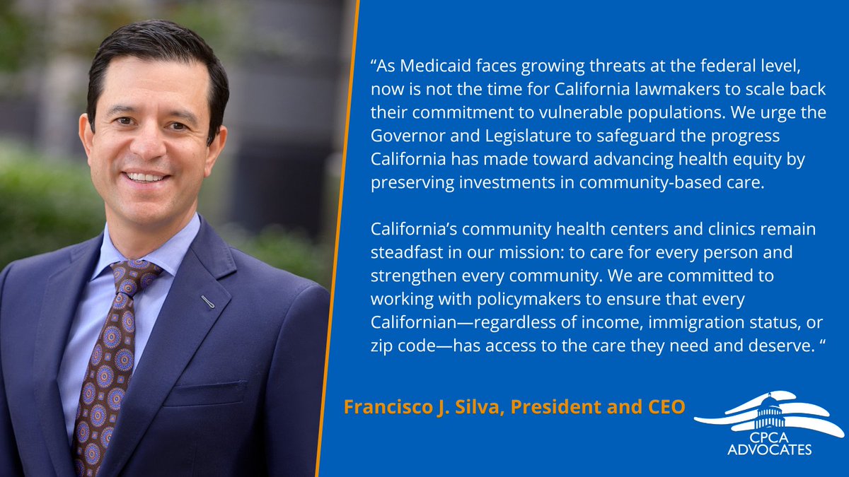 CPCA Advocates President and CEO, Francisco J. Silva, Esq., released the following statement yesterday in response to the Governor’s 2025-2026 Budget proposal revision.

Full press release is now available on CPCA Advocates News page: ow.ly/BBhj50VTpsg