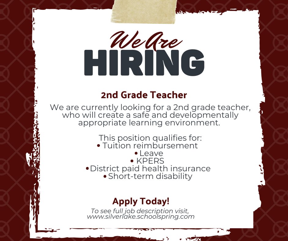 We are looking for a 2nd grade teacher to join the Silver Lake family!  Apply today at silverlake.schoolspring.com
#SLEagles