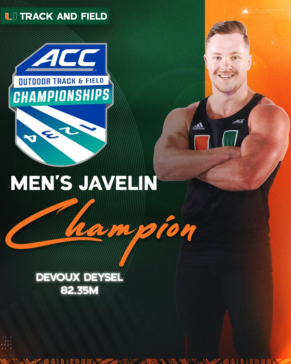 CanesTrack's tweet photo. #️⃣1️⃣ in the NCAA
#️⃣1️⃣5️⃣ in the world 🌎
🏆 School Record

Devoux Deysel wins the ACC Championship in the javelin with a throw of 82.35m! 🙌 https://t.co/h9ubdCpbYN