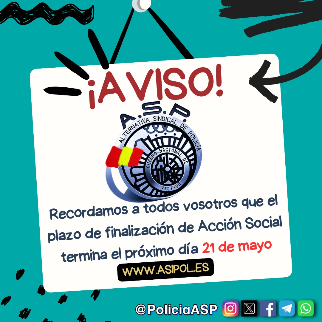 PoliciaASP's tweet photo. 🚨ASP INFORMA🚨

Desde ASP queremos recordar a todos vosotros que el plazo para las solicitudes de Acción Social, finalizará el próximo día 21 de mayo del 2025:

#ASPcontigo🫡

📝afíliate aquí por 6€ mes sin cuotas dobles👇🏻
https://t.co/oqVCRVXjxH https://t.co/NsT4xn1C5C