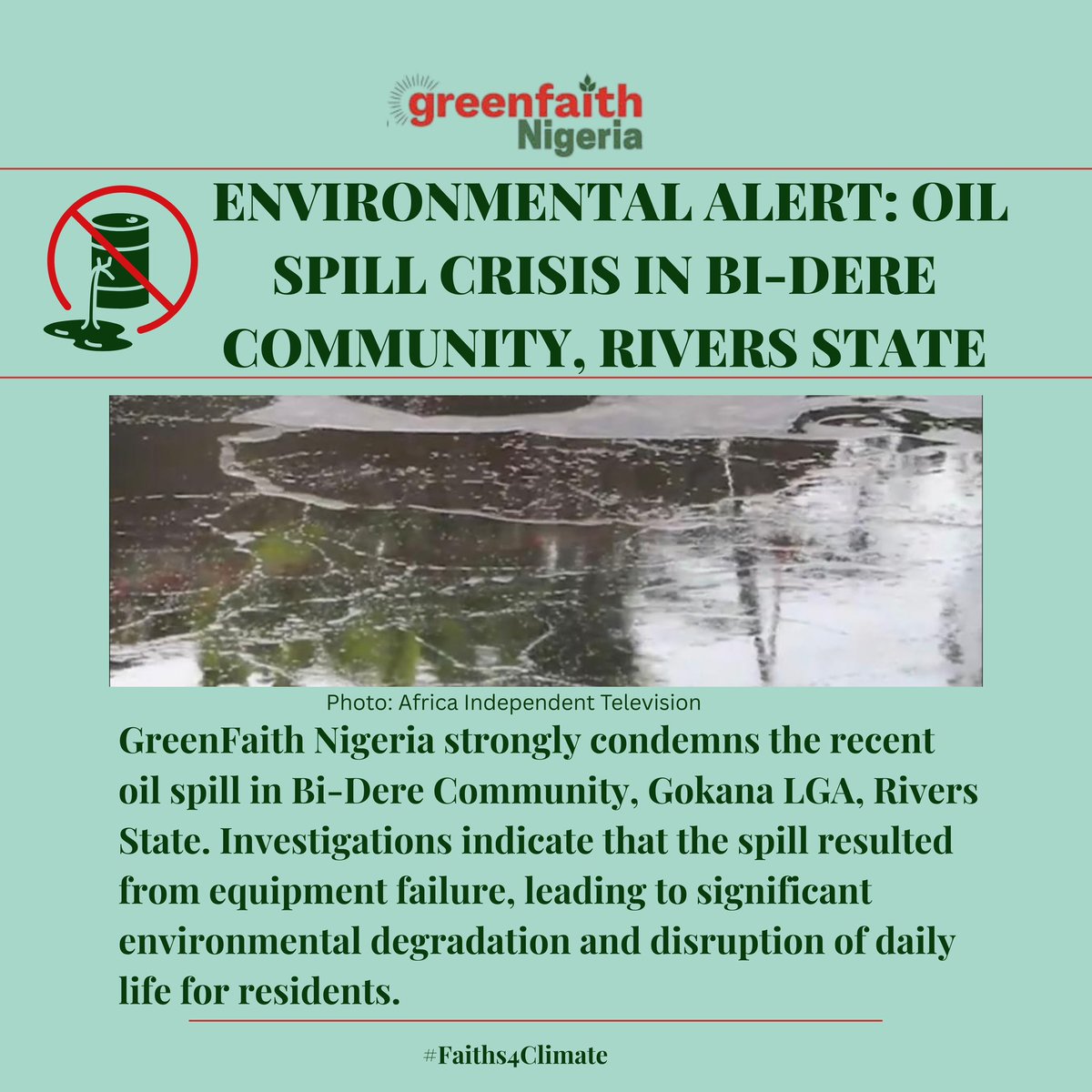 greenfaithng1's tweet image. GreenFaith Nigeria condemns the recent oil spill in Bi-dere community, Gokana, Rivers State. Investigations and community reports confirm that the spill, which occurred on May 7 2025, was caused by equipment failure on a Shell-operated pipeline, 1/3
#Faiths4Climate #Endfossilfuel