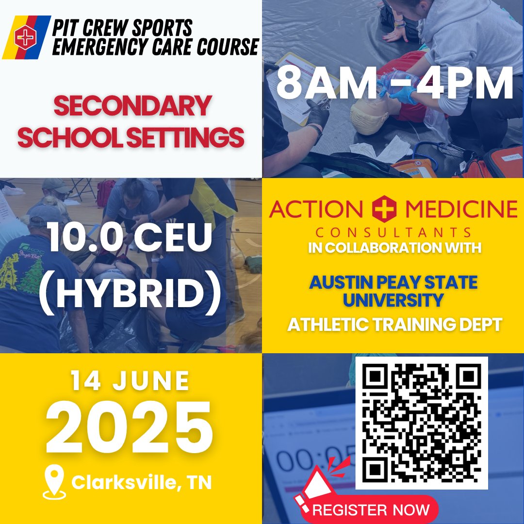 ActionMedCo's tweet image. 🚨 SECONDARY SCHOOL Athletic Trainers!
Get refueled for critical laps!🏥💪
🎓 Pit Crew Sports Emergency Care Course
📍 HOST: Austin Peay State University (TN)
📅 June 14
🔥 Secondary School focused!
⚠️ Seats are LIMITED
👉 Tap the link to register!
🔗 zurl.co/bn3Bs