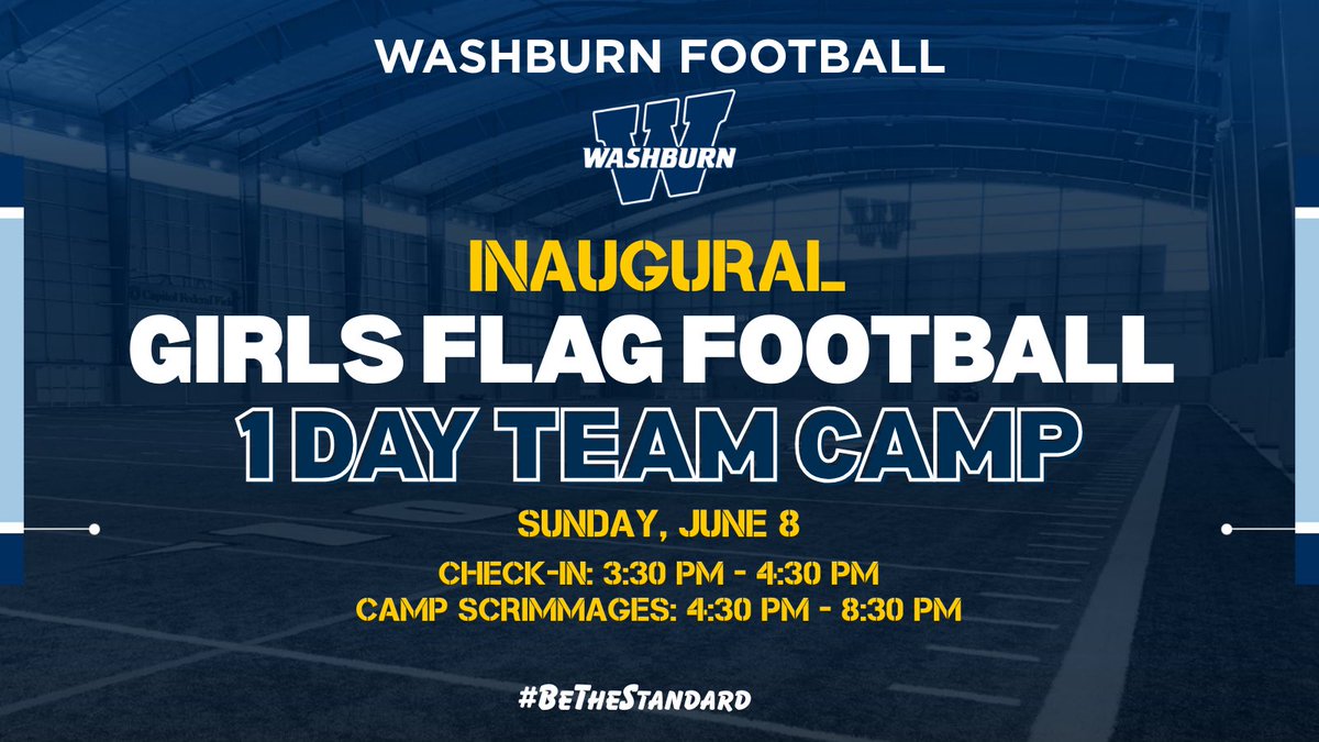 Washburn Football (@ichabodftbl) on Twitter photo Some big news coming out of Top City !! We are excited to put on the Inaugural Girls Flag Football Team Camp! Canβt wait to help showcase these athletes on our campus and grow the game!
Contact <a href="/CoachJulianM/">Julian Mendez</a> <a href="/CoachSharpWU/">Coach Ross Sharp</a> for more details.
#BeTheStandard Some big news coming out of Top City !! We are excited to put on the Inaugural Girls Flag Football Team Camp! Canβt wait to help showcase these athletes on our campus and grow the game!
Contact <a href="/CoachJulianM/">Julian Mendez</a> <a href="/CoachSharpWU/">Coach Ross Sharp</a> for more details.
#BeTheStandard
