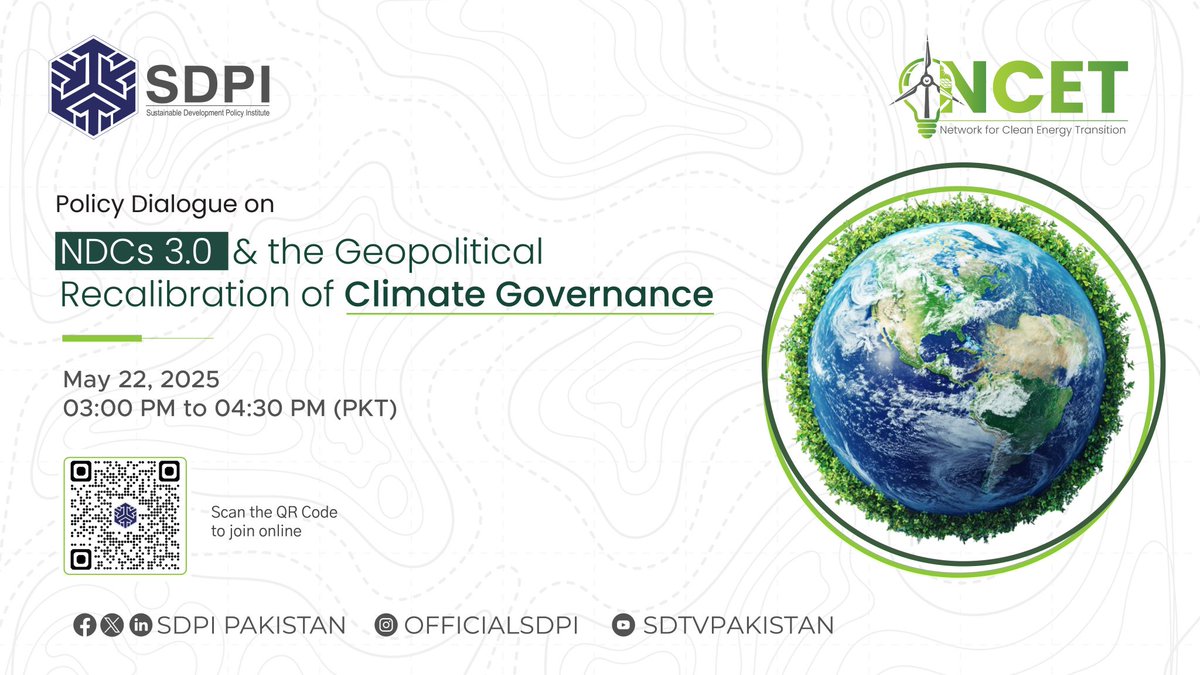 NCET_Pak's tweet photo. 📢NCET is delighted to share that @SDPIPakistan is hosting a policy dialogue under the auspice of NCET, bringing together diverse stakeholders to navigate NDCs 3.0 amidst shifting #geopolitical dynamics.📈
💻Zoom Link: https://t.co/6SlPc6eu27
#NDCs #GreenTransition https://t.co/FHYmVTZmV4