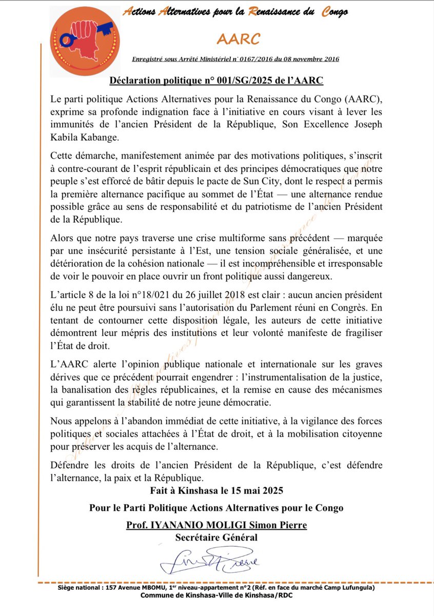 Message du Parti politique Actions Alternatives pour la Renaissance du Congo (ARRC) à la suite de l’initiative en cours, visant à lever les immunités de l’ancien Président de la République, Son Excellence Joseph Kabila Kabange. <a href="/AarcRdc/">AARC RDC</a>