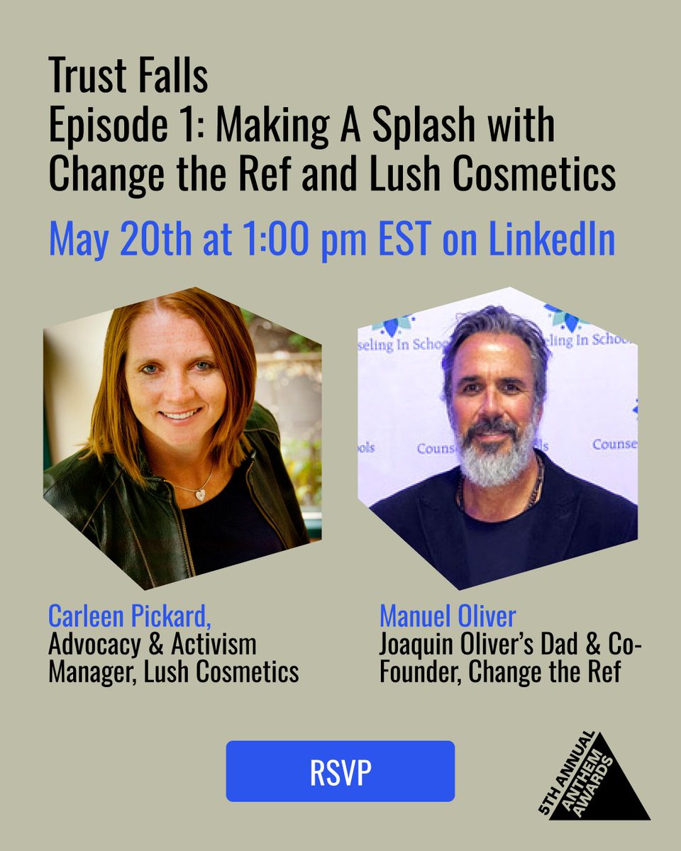anthemawards (@anthemawards) on Twitter photo Join us for Trust Falls, a new virtual event series featuring social impact leaders that digs into what it takes to cultivate trust & community in our work.
RSVP for 5/20 @ 1pm EST with Carleen Pickard of <a href="/lushcosmetics/">Lush North America</a> and Manuel Oliver of <a href="/ChangeTheRef/">Change the Ref 🟧</a>: vist.ly/3n4eanc Join us for Trust Falls, a new virtual event series featuring social impact leaders that digs into what it takes to cultivate trust & community in our work.
RSVP for 5/20 @ 1pm EST with Carleen Pickard of <a href="/lushcosmetics/">Lush North America</a> and Manuel Oliver of <a href="/ChangeTheRef/">Change the Ref 🟧</a>: vist.ly/3n4eanc