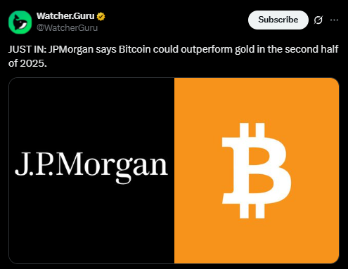 CryptoBusy's tweet photo. 🚨 BREAKING: JPMorgan COMPLETELY FLIPS on Bitcoin $BTC! 

In January: Jamie Dimon called Bitcoin "a fraud," "a Ponzi scheme," and "useless as a pet rock"

Today: JPMorgan officially states "Bitcoin could outperform gold in the second half of 2025"