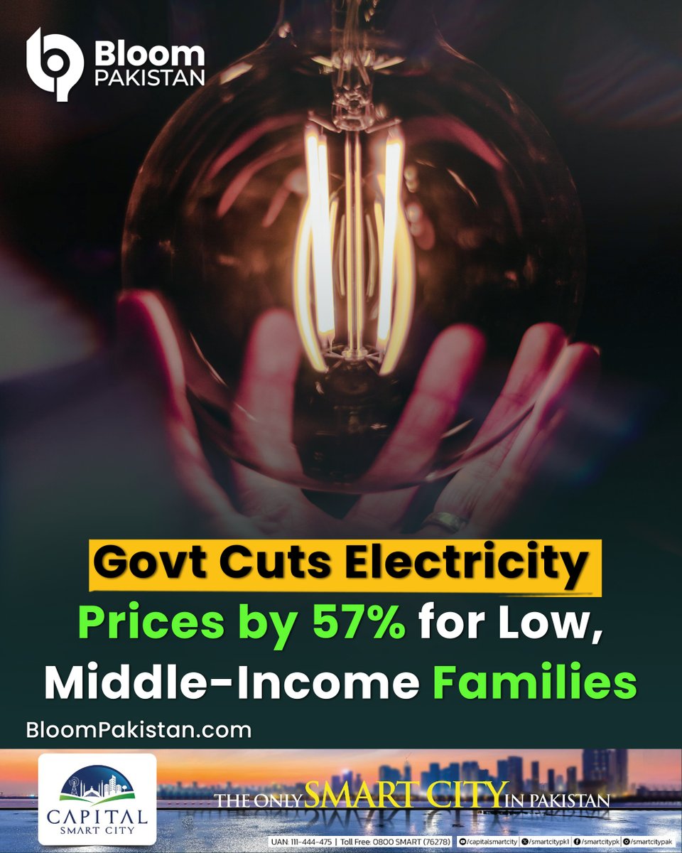 bloom_pakistan's tweet photo. Govt cuts Electricity Prices By 57% For Low Middle income families
#ElectricityRelief #57PercentCut #LowIncomeSupport #PowerTariffDrop #GovtRelief #energysavings https://t.co/fvE0Bj6IVa