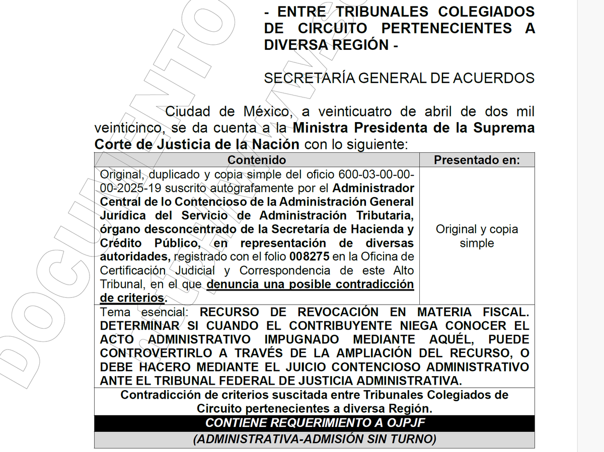 GilLuisJ92's tweet photo. ¿EL FIN DE LA PRECLUSIÓN DEL 129 DEL CÓDIGO FISCAL DE LA FEDERACIÓN?

La @SCJN decidió admitir a trámite la denuncia de contradicción de criterios 110/2025, donde el punto a dirimir será: RECURSO DE REVOCACIÓN EN MATERIA FISCAL. DETERMINAR SI CUANDO EL CONTRIBUYENTE NIEGA CONOCER EL ACTO ADMINISTRATIVO IMPUGNADO MEDIANTE AQUÉL, PUEDE CONTROVERTIRLO A TRAVÉS DE LA AMPLIACIÓN DEL RECURSO, O DEBE HACERLO MEDIANTE EL JUICIO CONTENCIOSO ADMINISTRATIVO ANTE EL @TFJAMexico